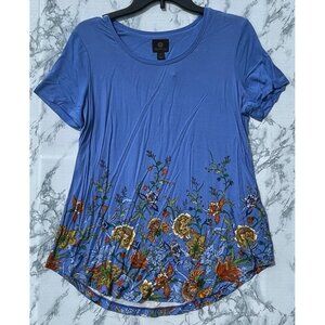 JM Collection Size Small Blue Floral Print Rayon Knit Top Short Sleeve Stretch